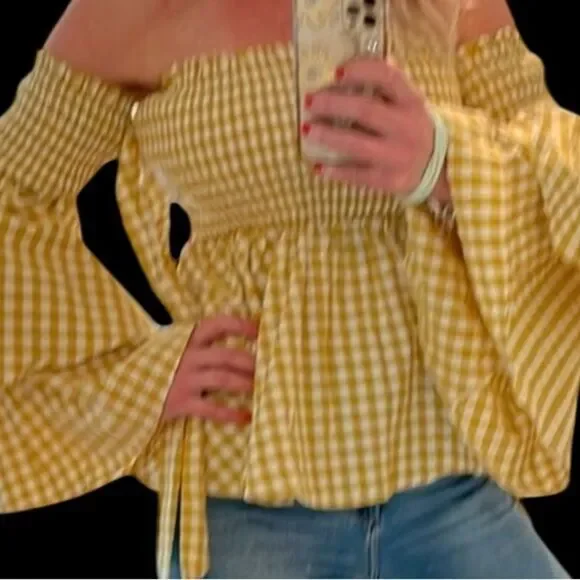 Caroline Constas off the shoulder smocked body ruffle sleeves top boho NWOT L - Picture 1 of 10